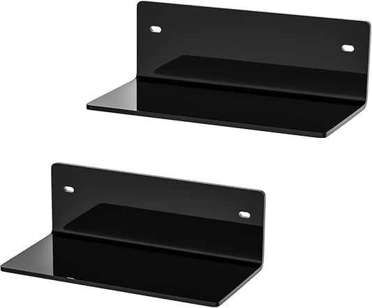 8 Inch Black Small Wall Shelves, Acrylic Wall Mounting Ledges Display, Acrylic Black Shelf for Figures, Collectibles, Plants, Décor, Toiletries, 4'' Depth, 2 Pack-NeatNest