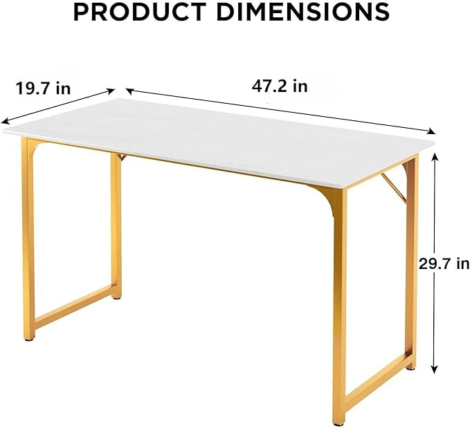 47 Inch Large Computer Desk for Bedroom，Sturdy Wooden Work Desk for Home Office，Simple Modern Style Tables with Metal Desk Legs Writing Study Table for Adults&Kids,White Gold