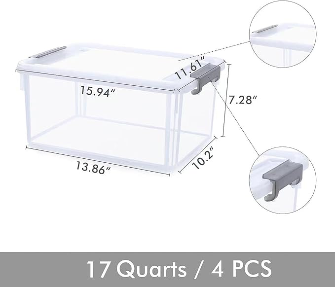 Citylife 17 QT Plastic Storage Bins with Latching Lids Stackable Storage Containers for Organizing Large Clear Storage Box for Garage, Closet, Kitchen, 4 Packs-NeatNest