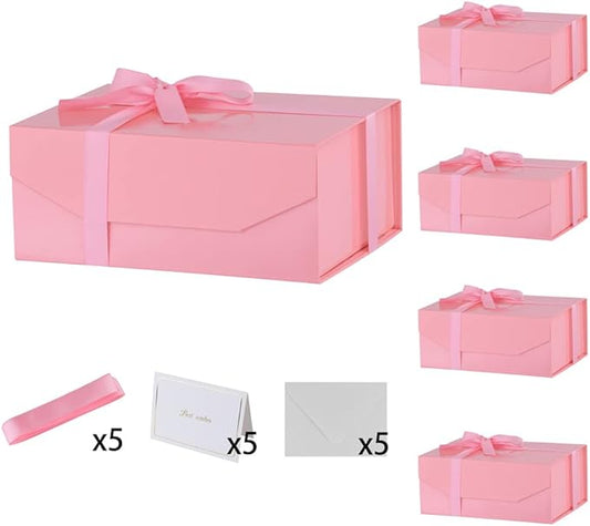 5PCS Pink Gift Box with Ribbon 9.5x7x4 Inches，Sturdy Gift Box with Lid for Gift Packaging, Foldable Magnetic Closure Storage Boxes, Bridesmaid proposal box, Rectangle Collapsible Box-NeatNest