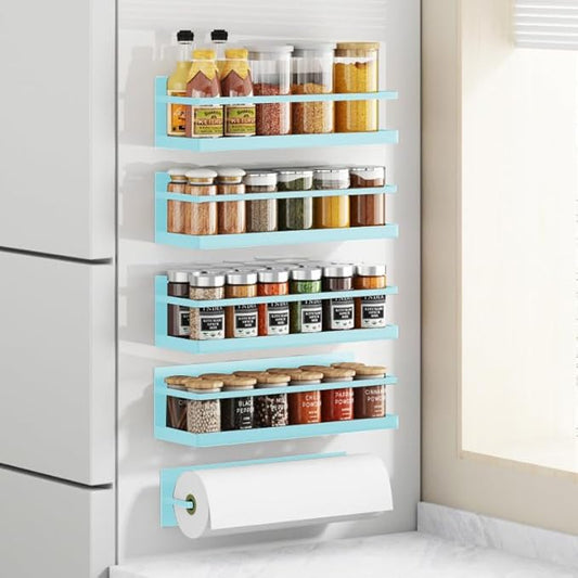 Magnetic Spice Rack For Refrigerator - Fridge Shelf Organizer, Blue 4 Pack With Magnetic Paper Towel Holder
