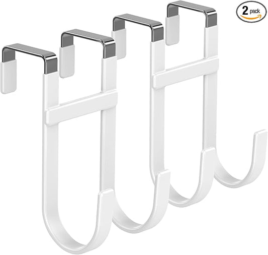 FYY Over The Door Hooks - 2 Pack Heavy Duty Dual-Hook Organizer Hanger with Non-Slip Rubber for Towels, Clothes, Hats & Bags Use in Bathroom, Bedroom, Kitchen - Fits Interior Doors Up to 1 3/8" White-NeatNest