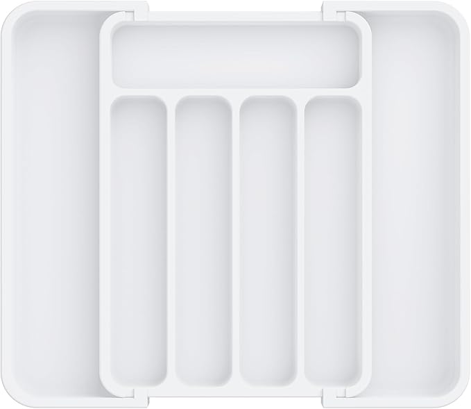 Aujen Silverware Organizer - Expandable Kitchen Drawer Organizer, Adjustable Utensil Organizer, Cutlery Tray for Forks, Knives, Multipurpose Kitchen Organizers and Storage Solution, White, Medium-NeatNest