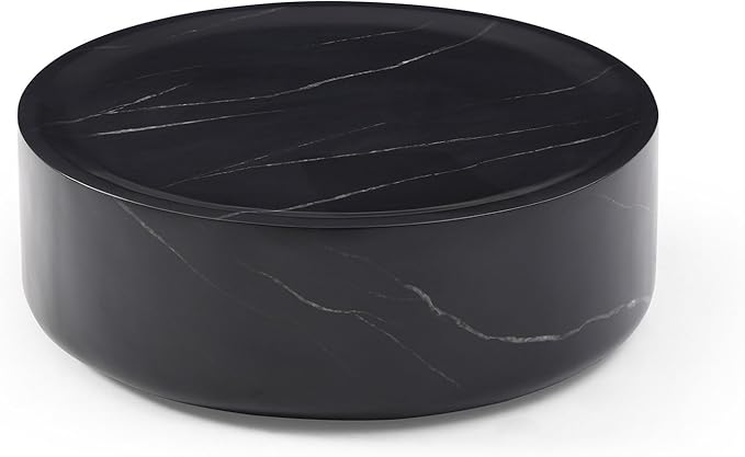 Marble Coffee Table, Modern Round Coffee Table, Circle Drum Coffee Tables, Fiberglass Center End Table for Living Room Apartment Office, No Assembly (31.49" Faux Marble Black)