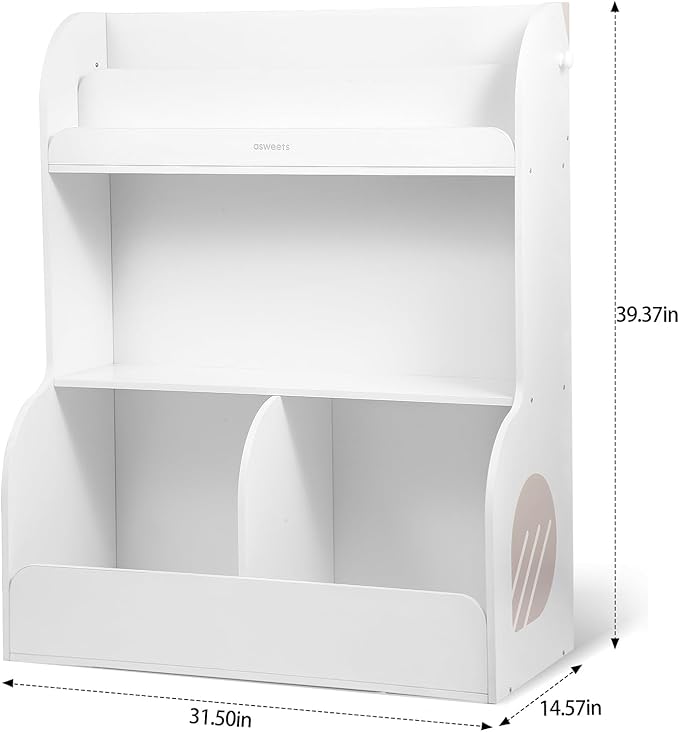 Asweets 2 in 1 Kids Bookshelf & Montessori Toy Storage Cubby, 3 Tiers Children Wooden Bookcase, Fit for Kids Room, Playroom, Kindergarten, Nursery, 31.5''L x 14.6''W x 39.4''H (White)