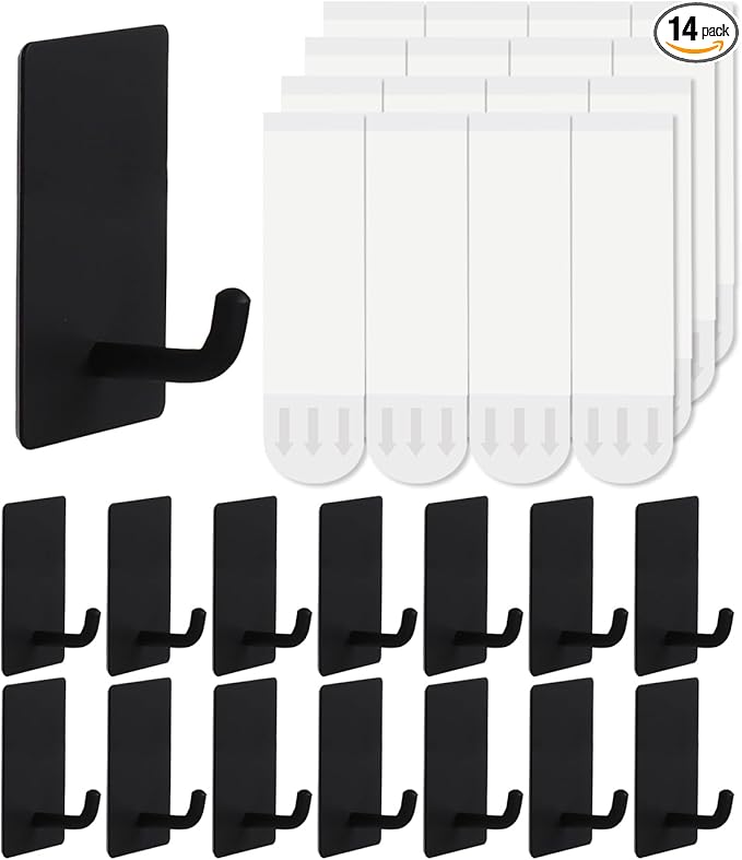 14 Pcs Towel Hooks with Removable Strips for Hanging, Adhesive Wall Heavy Duty, Outdoor No Damage, Sticky Hook for Bathrooms, Shower, Stockings, Decor, Robe, Small, Black 304 Stainless Steel