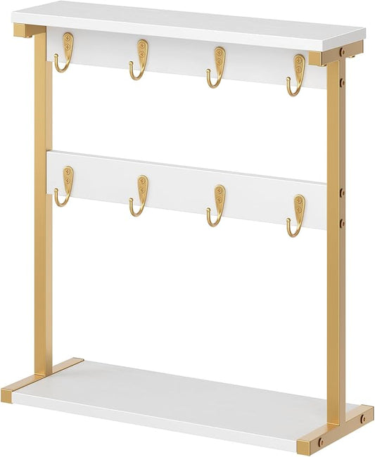 Coffee Mug Holder for Counter, 2 Tier Mug Tree Rack, with 8 Hook and 2 Open Shelves, Vintage Mug Holder Stand for Home Kitchen, White and Gold MH43DW-NeatNest