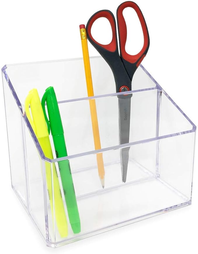 Isaac Jacobs Clear Acrylic 2-Section Organizer, Remote Holder & Multi-Functional Makeup, Brush, Pen & Pencil Storage Solution, for The Home, Bathroom, Office, Child’s Desk (2-Section, Clear)-NeatNest