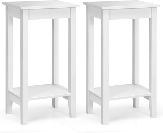 Giantex 2-Tier End Table Tall Set of 2 Nightstand, Simple Design Sofa Bedside Table with Versatile Shelf and Wooden Legs for Small Spaces, Living Room, Study, Bedroom, Narrow Telephone Table, White