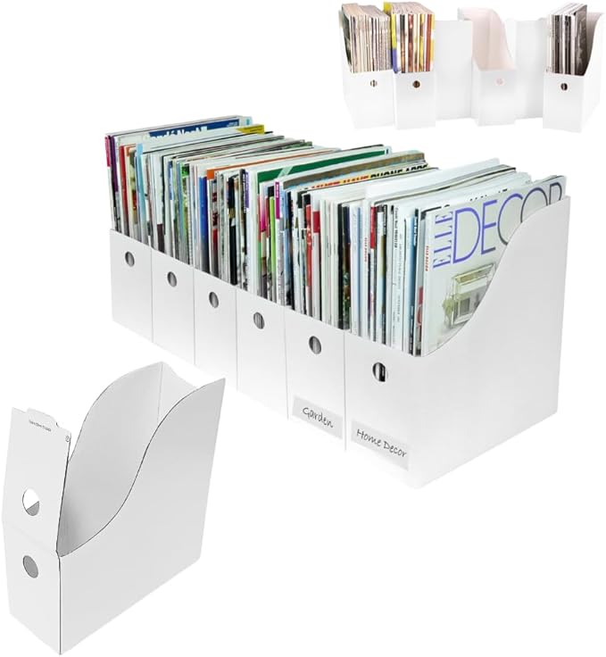 Evelots Magazine File Holder - Set of 12 White - Office Desk Organizer - Sturdy Cardboard - New Upgraded Double Front Panel for More Stability - Full 4 Inch Wide - Easy Assemble