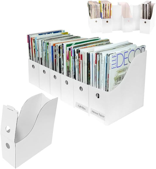 Evelots Magazine File Holder - Set of 12 White - Office Desk Organizer - Sturdy Cardboard - New Upgraded Double Front Panel for More Stability - Full 4 Inch Wide - Easy Assemble
