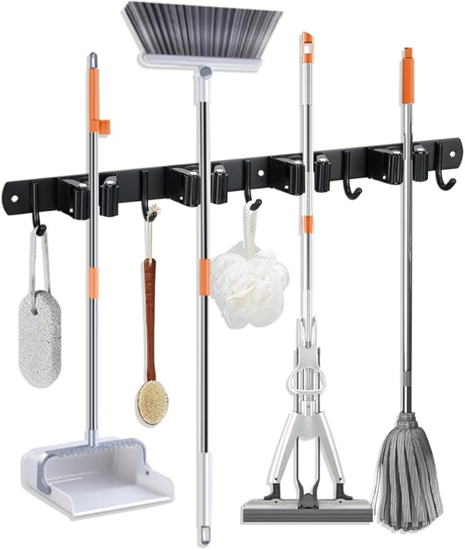 Broom Hanger and Mop Holder, Heavy Duty Garden Tool Organizer Rack Rake and Shovel Handle, Stainless Steel Wall Mounted Utility Rack with Screws (4 Racks with 5 Hooks, Matte Black).-NeatNest