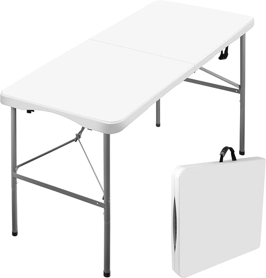 4 ft Portable Folding Table, Idustrial Heavy-Duty Foldable Table with Carrying Handle, Locks, Stright Legs for Indoor & Outdoor Party, Barbeque, Camping, Board Games - White-NeatNest