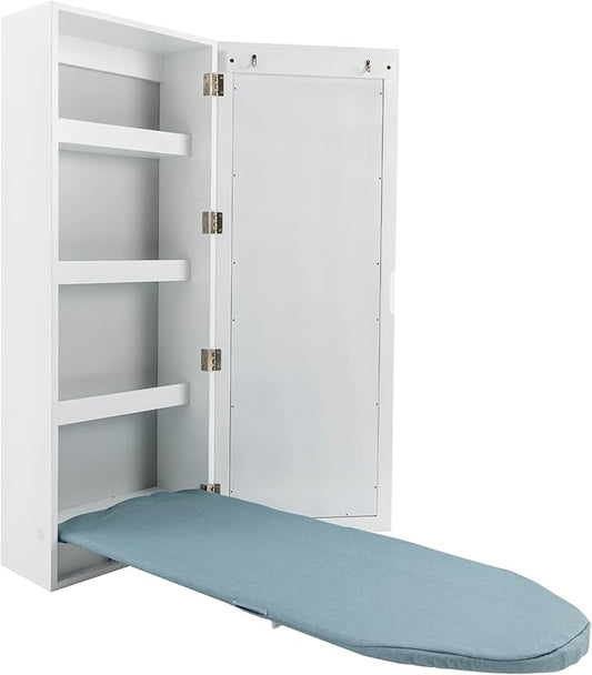 Ironing Board Cabinet Wall Mounted, Cabinet with Built-in Ironing Board, Foldable Ironing Storage Station with Mirror for Home, Apartment & Small Spaces, Easy-Release Lever