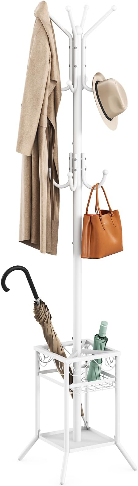 ELYKEN Coat Rack Freestanding with Umbrella Holder, Coat Tree with 12 Hooks, Coat Hanger Stand for Entryway, Metal Coat Rack Hat Rack Stand for Living Room Bedroom Office, White-NeatNest