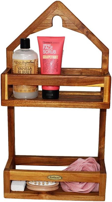 EcoDecors Teak Shower Caddy, Solid Wooden Organizer Rack Over Shower Head, Rustproof, Eco-Friendly Bathroom Storage Shelf, Fully Assembled, Spa Upgrade
