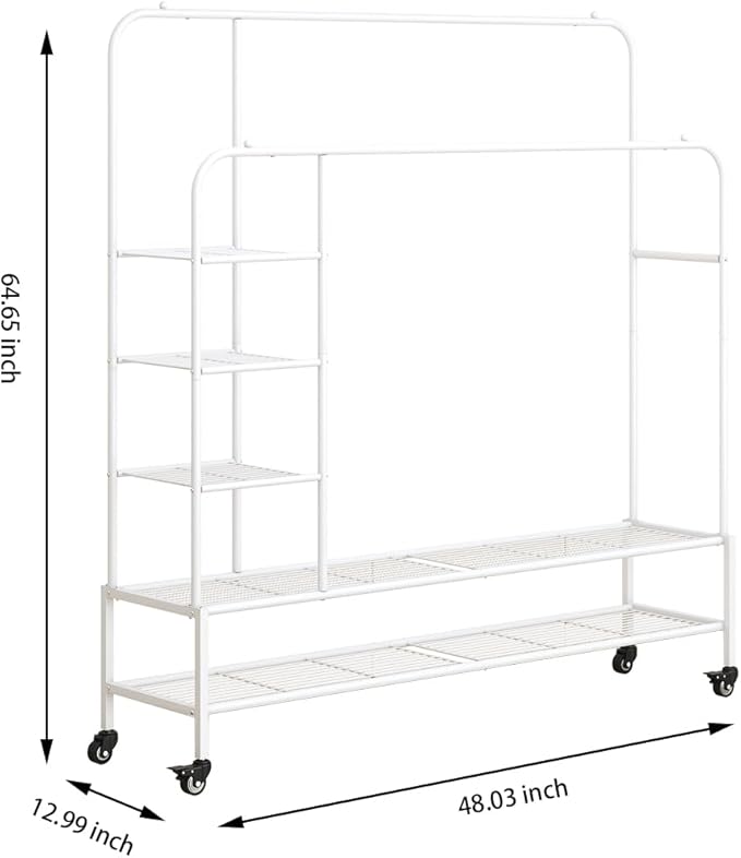 Garment Rack for Hanging Clothes Rack Heavy Duty Portable with Bottom Metal Shelf Drying Coats Shirt,Black (White+Double Rods+Shelf)-NeatNest