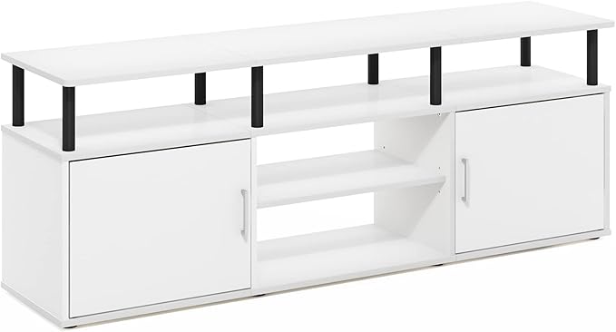 Furinno Jensen Entertainment Center Stand for TV up to 70 Inch, Plastic Pole, Solid White/Black-NeatNest