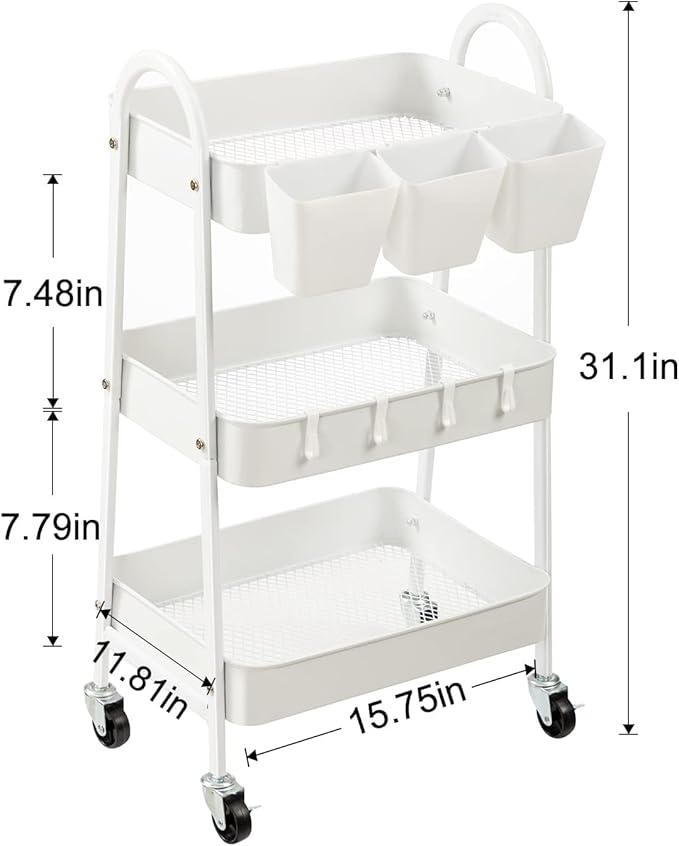 danpinera 3-Tier Rolling Cart, Metal Rolling Storage Cart with Lockable Wheels & Hanging Cups & Hooks, Mobile Trolley Cart for Kitchen, Bathroom, Office, Workshop, White-NeatNest