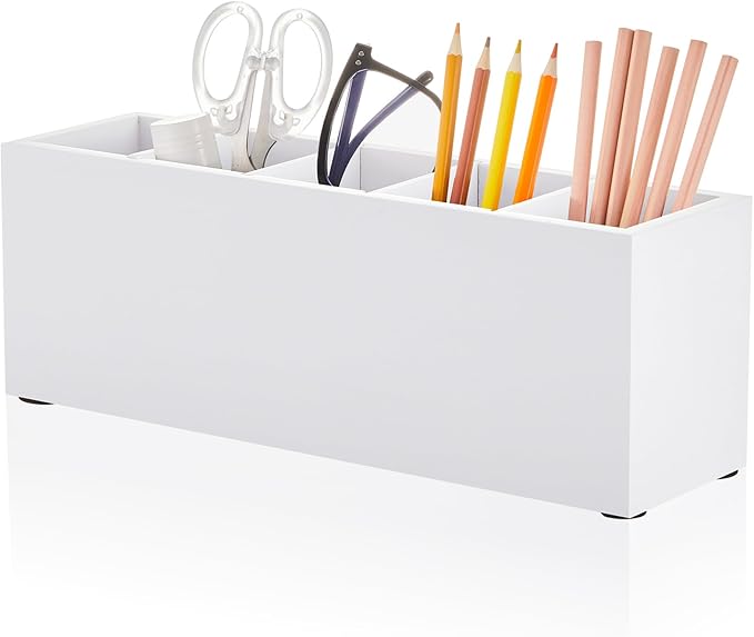 Jetec Wooden Pencil Holder 5 Compartments for Desk Adjustable Pen Holder Wood Office Desk Organizers and Accessories Makeup Brush Organizer for Pen, Home, Office and Art Supplies (White)-NeatNest