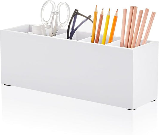 Jetec Wooden Pencil Holder 5 Compartments for Desk Adjustable Pen Holder Wood Office Desk Organizers and Accessories Makeup Brush Organizer for Pen, Home, Office and Art Supplies (White)-NeatNest