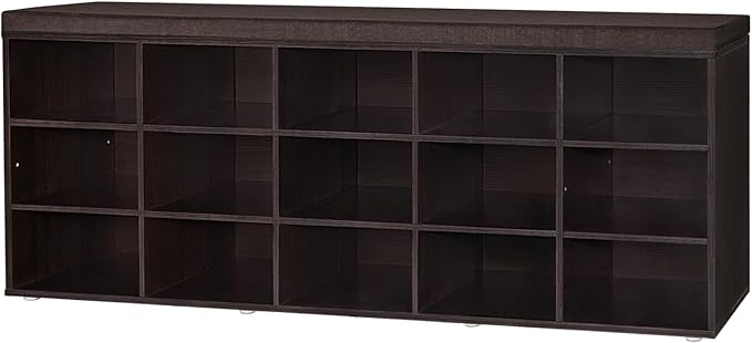 DINZI LVJ Shoe Storage Bench with Cushion, 15-Cubby Shoe Rack, Adjustable Shelves, Long Shoe Organizer Bench for Entryway, Mudroom, Hallway, Living Room, Bedroom and Garage-NeatNest
