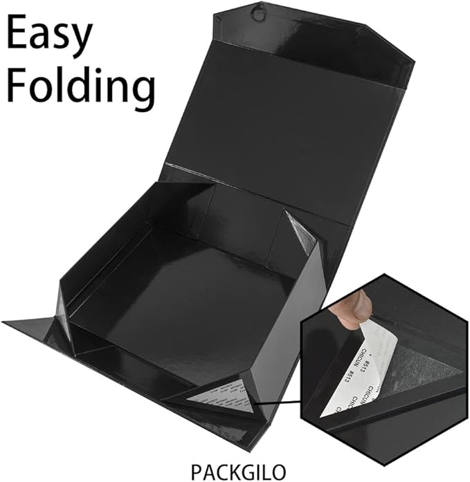 2 Black Large Gift Box with Lid 13x9x4 Inches, Bridesmaid Proposal Box, Hard Collapsible Gift Box with Magnetic Closure, Groomsman Box Reusable Gift Box for Clothes (Glossy Black)-NeatNest