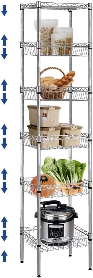 6 Tier Narrow Wire Shelving Unit with Basket, Adjustable Narrow Metal Shelf with Hooks, Tall Narrow Storage Shelves for Small Spaces, Bathroom, Laundry, Kitchen, 13.5"D X 13.5"W X 63"H, Silver