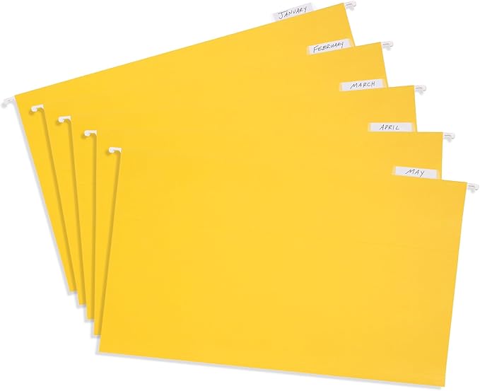 25 Blue Summit Supplies Yellow Legal Size Hanging File Folders - Durable 11pt Paper, Hanging Legal File Folders Yellow with Plastic Tabs and Inserts, Legal Size