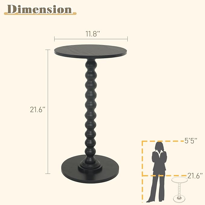 Round Side Table, Small Drink Table for Small Spaces, Modern Accent End Table Nightstand with Solid Wood Leg for Living Room, Bedroom, Corners, and Office (Black)