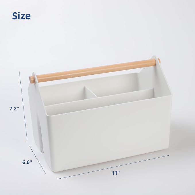 BLUE GINKGO Medium Storage Basket – Plastic Caddy with Wooden Handle for Office, Arts & Crafts, or Home Supplies (White)-NeatNest
