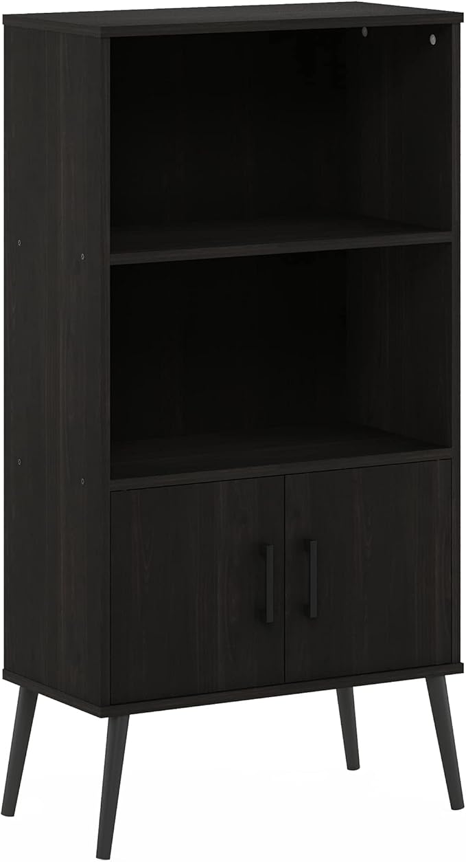 Furinno Claude Mid Century Style Accent Wooden Leg Bookcase Cabinet with Storage Organizer Shelves, Espresso