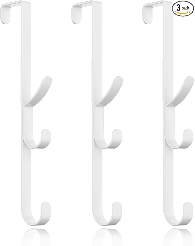 Over the Door Hooks hanger,over the door towel hook Organizer hanging for coat clothes backpack hat purse Metal Towel Rack Back of Shower for Bathroom,Dorm,Bedroom,Kitchen,Office Closet (White-3Packs)