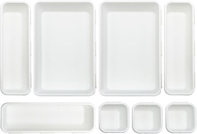 8 Pcs Desk Drawer Organizers, 3 Size Plastic Vanity and Bathroom Drawer Organizer Trays, Storage Bins for Makeup, Utensils, Jewelries, Office and Kitchen (White)-NeatNest