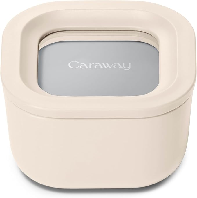 Caraway Mini Square Food Storage Container - 1.75 Cup Glass Storage Container for Food - Non-Toxic Ceramic-Coated Glass - Air Release Technology - Compact & Stackable Design - Cream-NeatNest