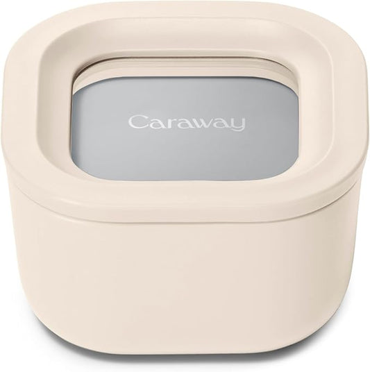 Caraway Mini Square Food Storage Container - 1.75 Cup Glass Storage Container for Food - Non-Toxic Ceramic-Coated Glass - Air Release Technology - Compact & Stackable Design - Cream-NeatNest