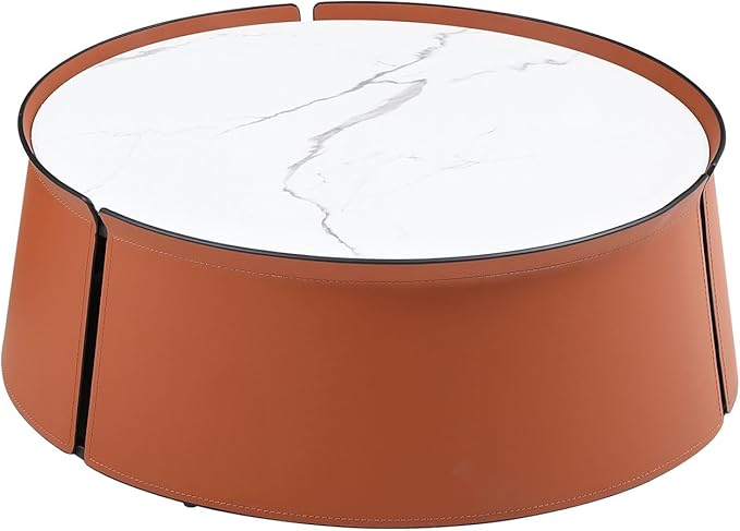 KEVINSPACE Coffee Table, Faux Marble & Orange, Modern Coffee Table for Living Room Mid Century Round Coffee Table for Living Room Furniture White Nesting Table Waiting Area, Bedroom, Office ø31.49