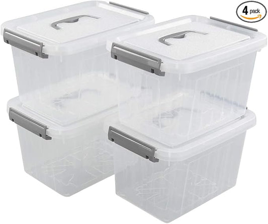 Hespama 3.5 Quart Small Storage Bin, Plastic Latching Box with Lid, 4 Packs