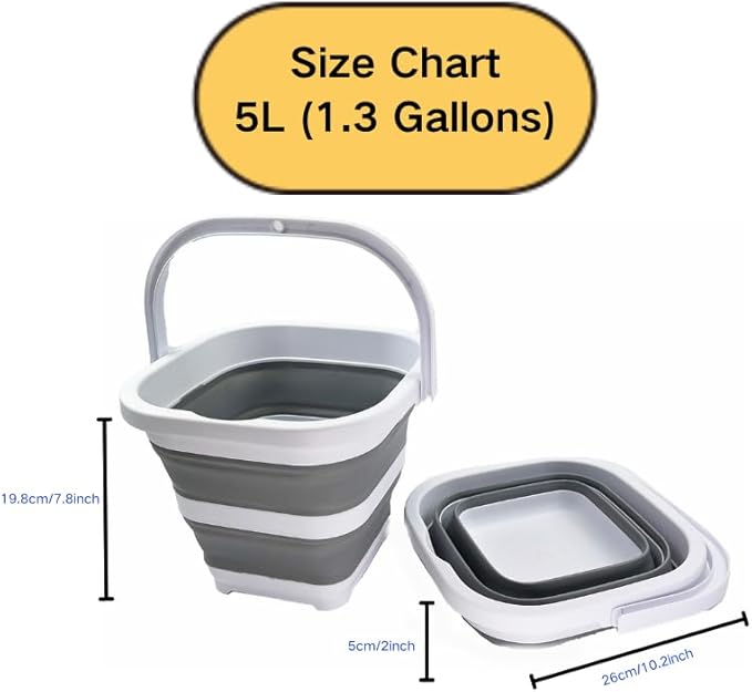 SAMMART Collapsible Rectangular Cleaning Bucket 5L (1.3 Gallon)- Foldable Camping Beach Sand Water Pot Pail- Portable Space Saving Tub for Household, Outdoor Car Washing (White/Grey)-NeatNest