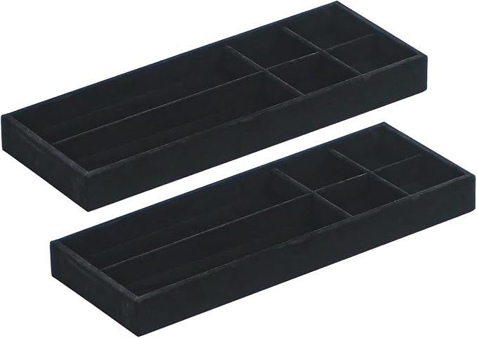 2Pcs Desk Drawer Storage Tray, Nightstand Organizer Tray, Necklace Bracelet Ring Earring Jewelry Display Tray, Grid Table Organizer Holder Tray for Sunglass, Phone, Watch, Perfume (6 grid)/Black-NeatNest