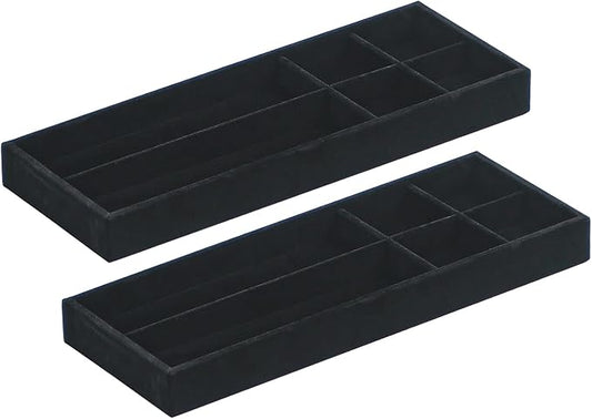 2Pcs Desk Drawer Storage Tray, Nightstand Organizer Tray, Necklace Bracelet Ring Earring Jewelry Display Tray, Grid Table Organizer Holder Tray for Sunglass, Phone, Watch, Perfume (6 grid)/Black-NeatNest