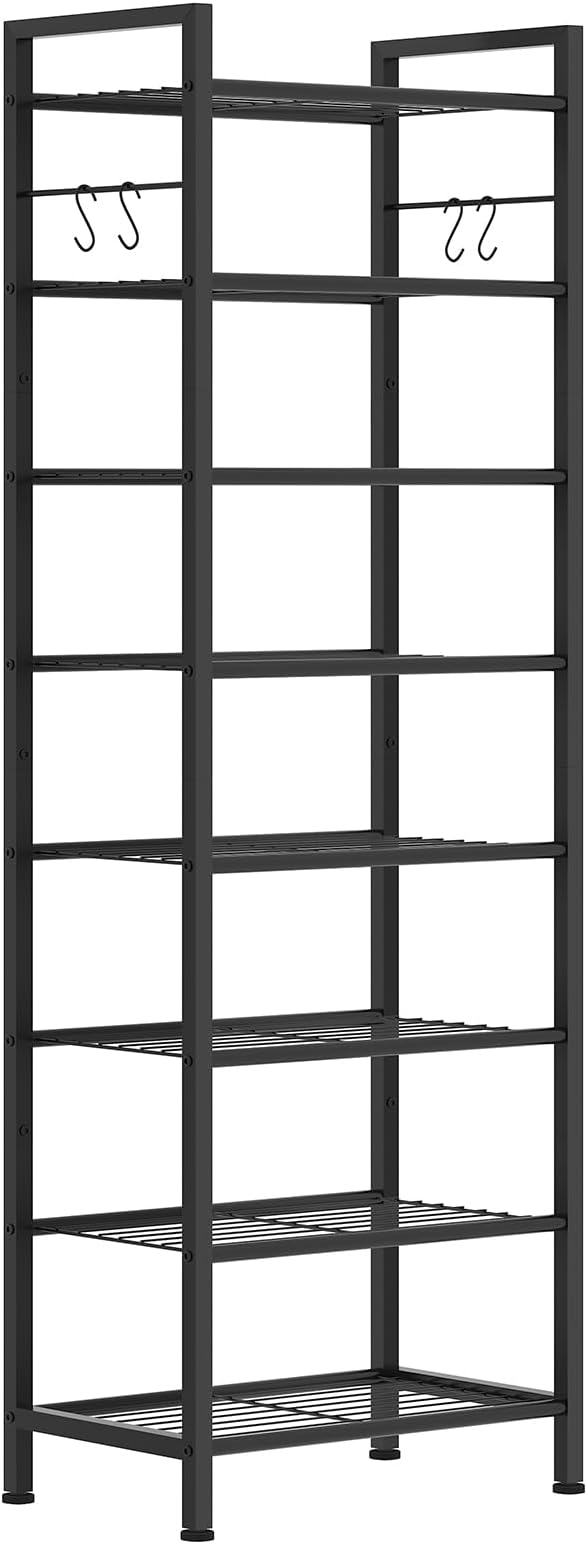 usikey 8 Tiers Narrow Shoe Rack 16-24 Pairs, Sturdy Metal Tall Shoe Rack with 4 Hooks, Slim Shoe Storage Organizer with Metal Shelf, Space Saving Vertical Shoe Shelf for Entryway, Closets, Black-NeatNest