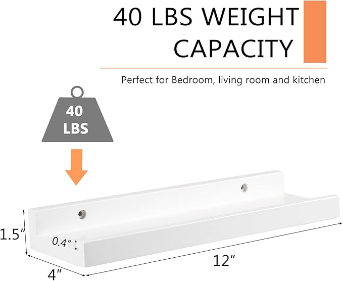 12 Inch Floating Shelves Wall Mounted, Solid Wood Wall Shelves for Decor and Storage, Picture Ledge Shelf for Bedroom/Bathroom/Living Room/Kitchen/Laundry Room, White Color, 12*4*1.5, 1 Pack-NeatNest