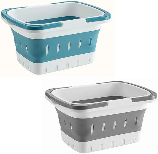 2 Pack Portable Plastic Shower Caddy Tote, Collapsible Small Basket with Handles, Box Organizer Bin for Bathroom, Kitchen, College Dorm,Gym(Grey +Blue)-NeatNest