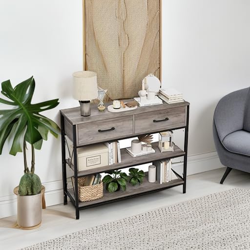 HITHOS Industrial Console Table with Drawers, Vintage Hallway Foyer Table with Storage Shelves, Narrow Long Sofa Entryway Table for Living Room, Grey-NeatNest