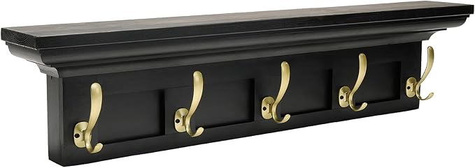 EXCELLO GLOBAL PRODUCTS Black 34" Coat Rack with 5 Gold Hooks: Ready to Hang Entryway Coatrack for Organization of Jackets, Hats, Scarves, Keys & Purses (Black)-NeatNest