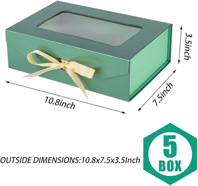 5 Pcs Green Gift Box for Presents with Ribbon 10.8x7.5x3.5 Inches Clear Gift Box with Window Magnetic Closure Gift Boxes with Lids-NeatNest