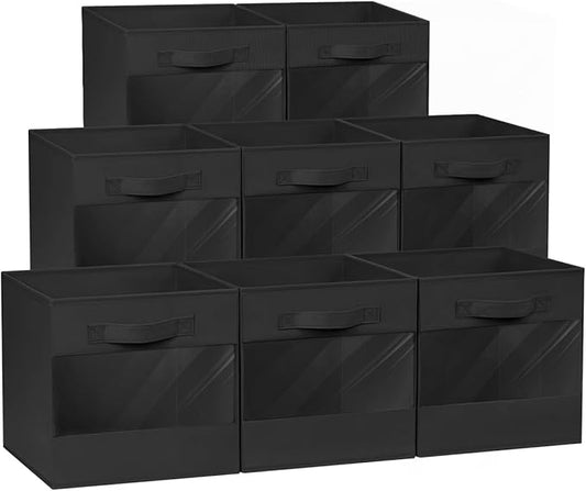 DIMJ Storage Cubes, 11-Inch Collapsible Fabric Storage Cubes for Shelves Closet - Clear Window Storage Bins Baskets for Organize Clothes, Blankets, Toys (8-Pack, Black)-NeatNest