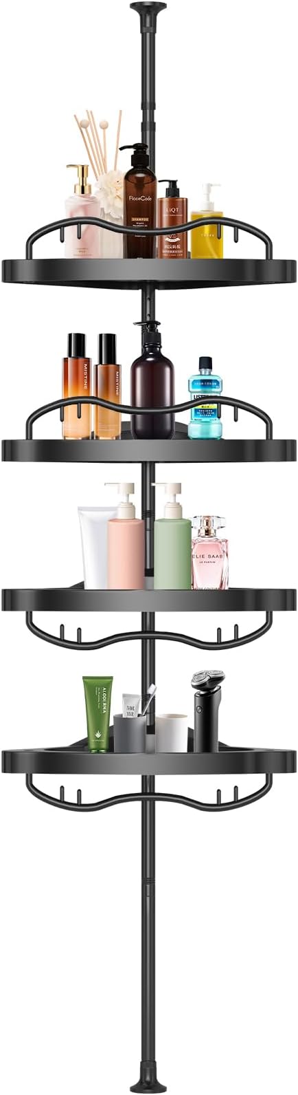 Corner Shower Caddy, Rustproof ABS Shower Shelves with 32-125 Inch Steel Poles, Drill Free Shower Organizer, 4 Layer Adjustable Shelves with Tension Pole for Storage, Black