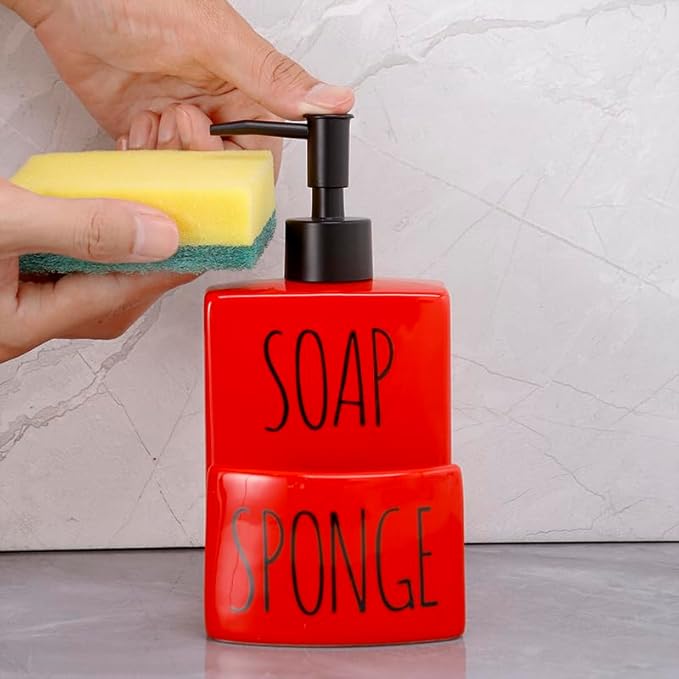 Ceramic soap Dispenser with Sponge Holder for Kitchen Sink Bathroom Counter top Storage and Organization (Red)-NeatNest